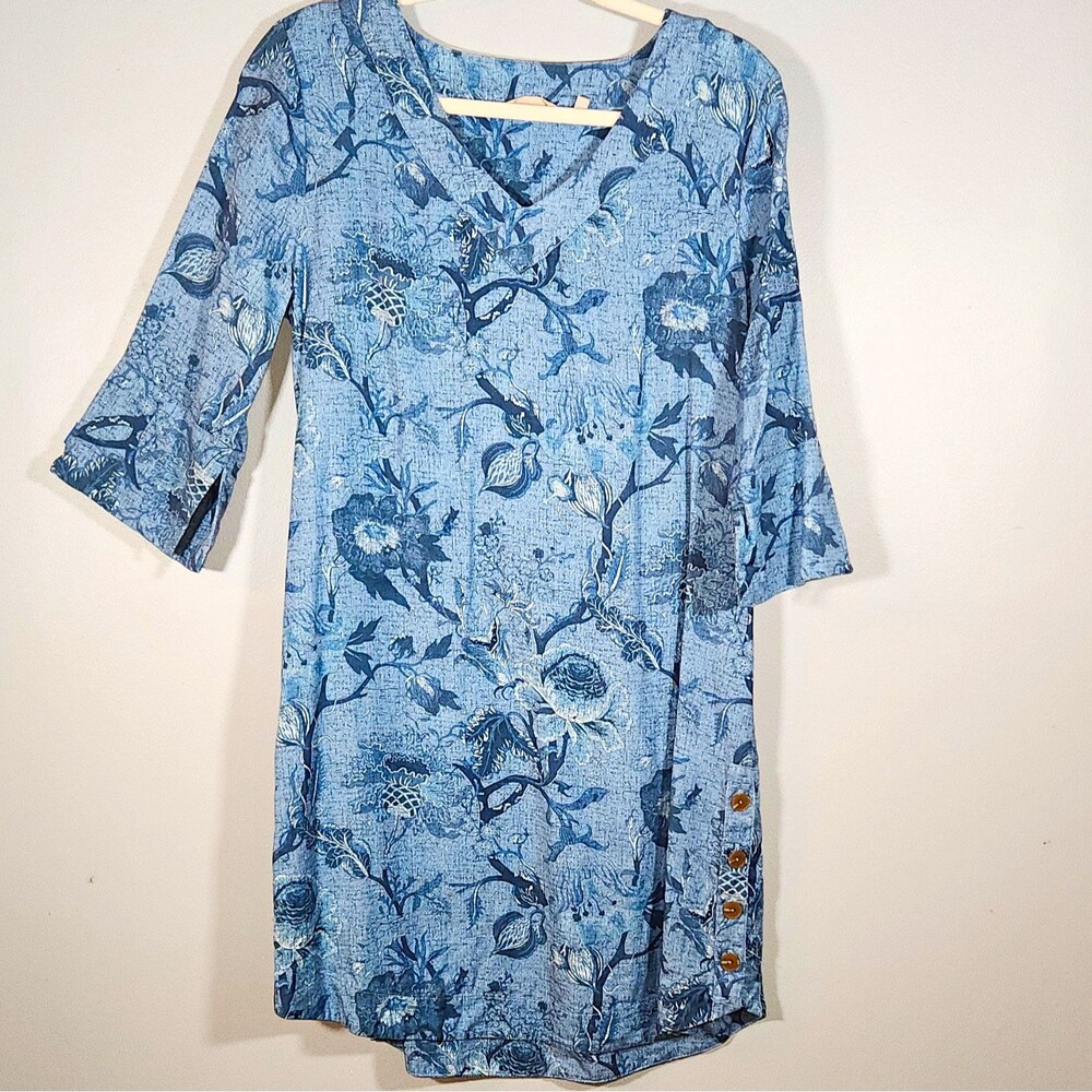 Soft Surroundings Blue Floral Lyocell Split Short Sleeve Shift dress Small